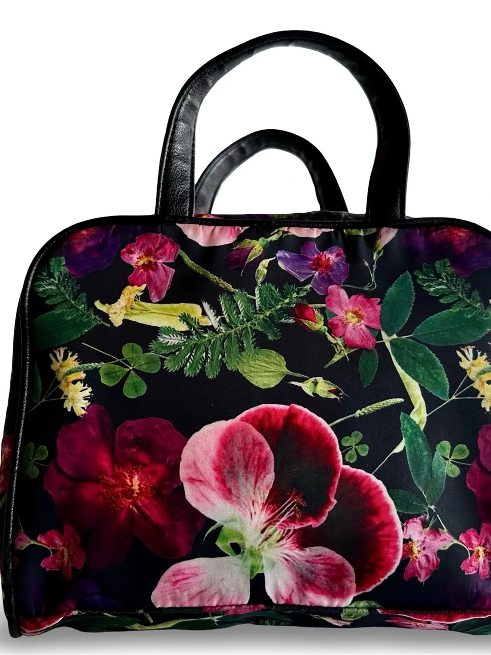 BETSEY JOHNSON Black Floral Cosmetic Bag with Pink and Red Blooms
